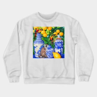 Monkey, toucan,  parrot and chinoiserie jars in tropical garden Crewneck Sweatshirt